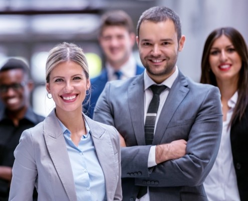 young multi ethnic business people group walking standing and to